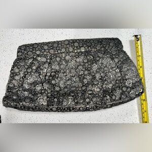 Club Monaco statement clutch silver metal disc overlay, chainmail look  12”L